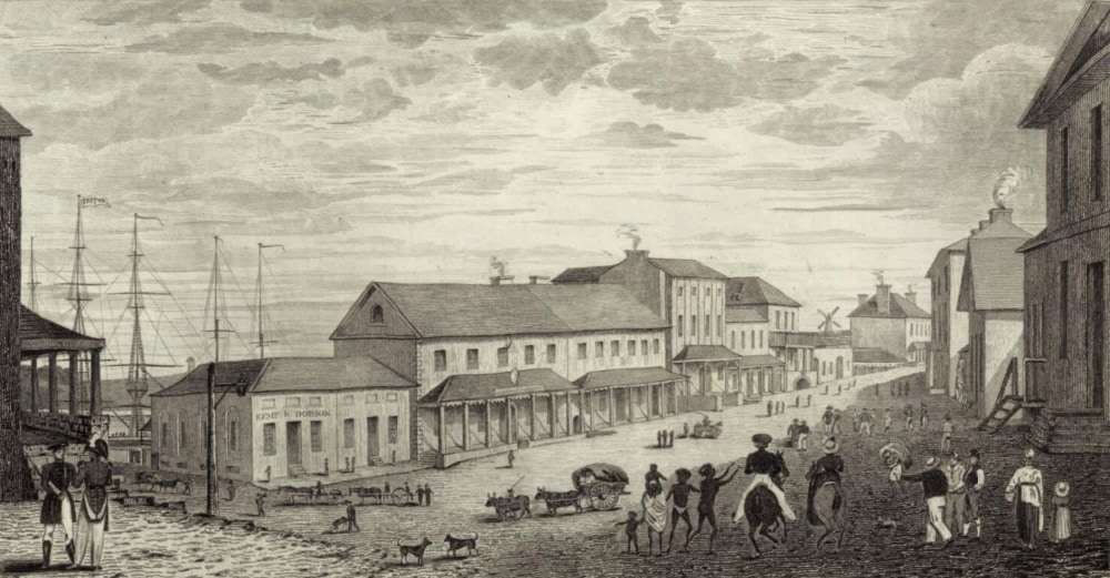 George-street from the wharf, drawn and engraved by J. Carmichael, 1829; National Library of Australia