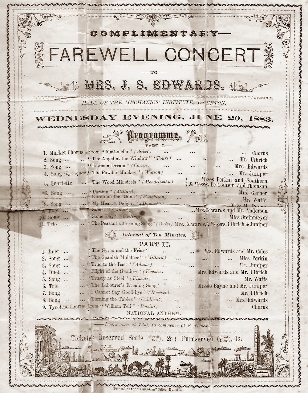 [Playbill] Farewell concert, 20 June 1883, Mechanics' Institute, Kyneton, VIC<