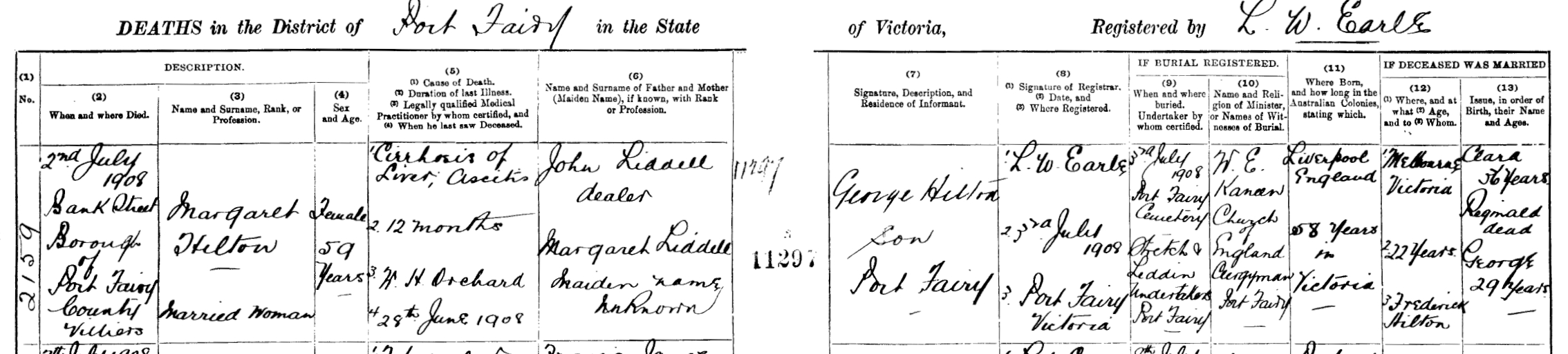 Maggie Liddell Hilton, death, 1908