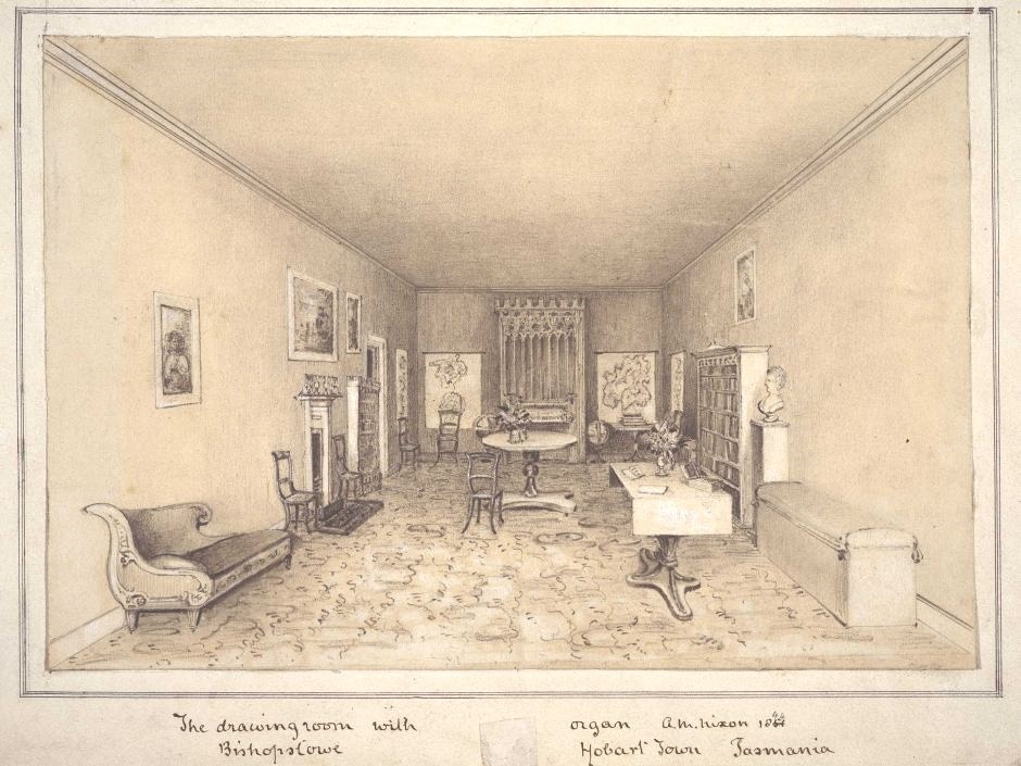 Anna Maria Nixon (sketch): The drawing room with organ, Bishopstowe, Hobart Town, 1845; Tasmanian Museum and Art Gallery