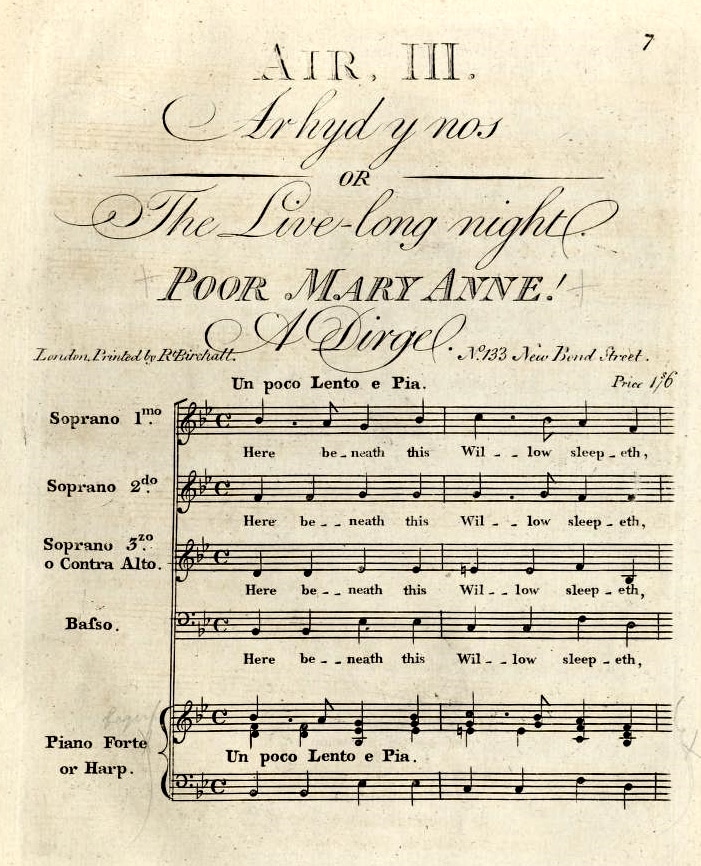 Air 3, Arhyd y nos, or The live-long night. Poor Mary Anne! a dirge, from 6 Welch airs, 1800