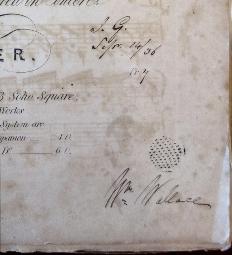 Wallace's signature, and John Green's initials; Logier's Sequel to the first companion of the chiroplast (Mary Pye's book)
