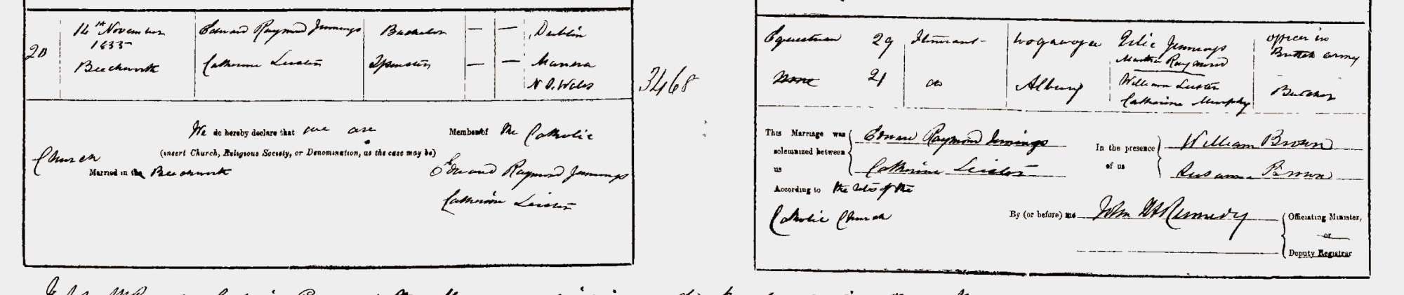 Marriage, Edward Raymond Jennings, Catherine Lester, Beechworth, 14 November 1855