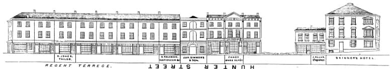 Regent Terrace, Hunter Street, corner of Pitt Street at left; from Fowles's Sydney in 1848