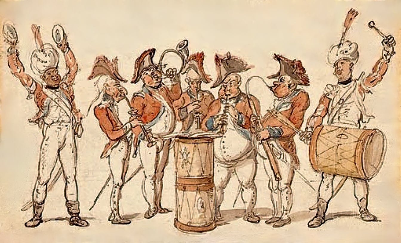 A military band (caricature); pencil, pen and ink and watercolour, 150 x 243 mm; Thomas Rowlandson (1757-1827)