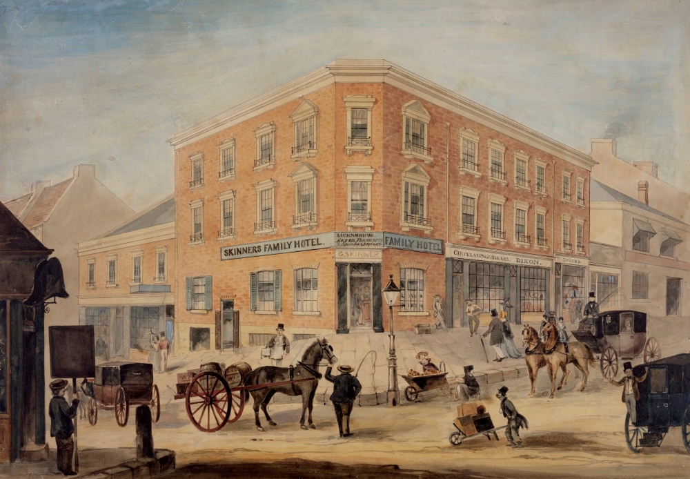 Skinner's Hotel, corner of George and Hunter Streets, Sydney, c. 1849; watercolour by Andrew Torning; State Library of New South Wales