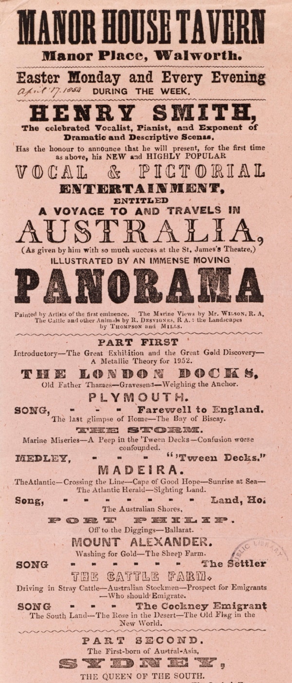 [Playbill], Henry Smith's vocal and pictorial entertainment, A voyage to and travels in Australia, Walworth, 17 April 1854; State Library of New South Wales
