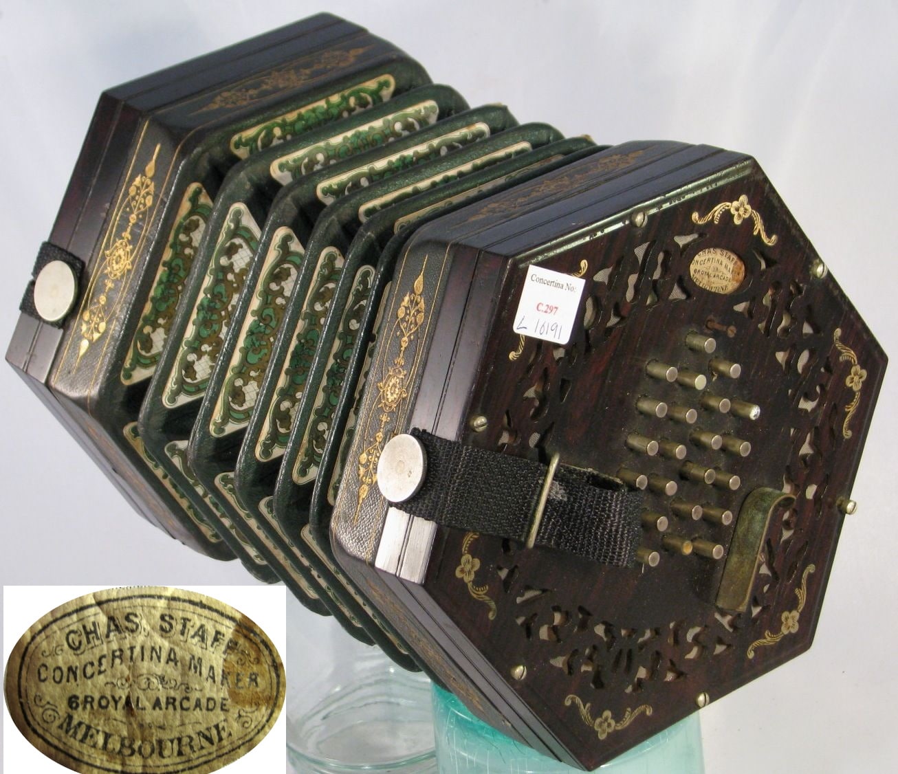 Anglo German concertina, with label: Charles Staff, concertina maker, Royal Arcade, Melbourne (private collection)