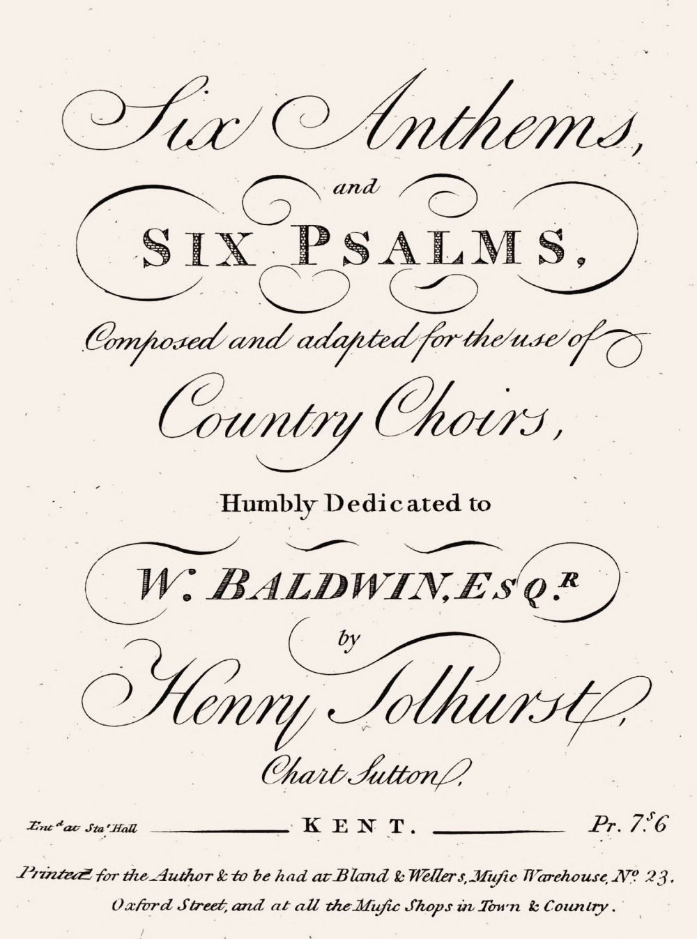 Titlepage of Six anthems, and six psalms, by Henry Tolhurst, 1802