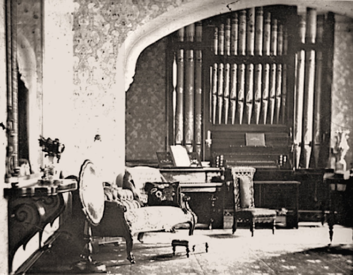 William Valentine's music room, Campbell Town, c. early 1870s; with piano, and his 1867 organ by J. W. Walker of London; Tasmanian Archives