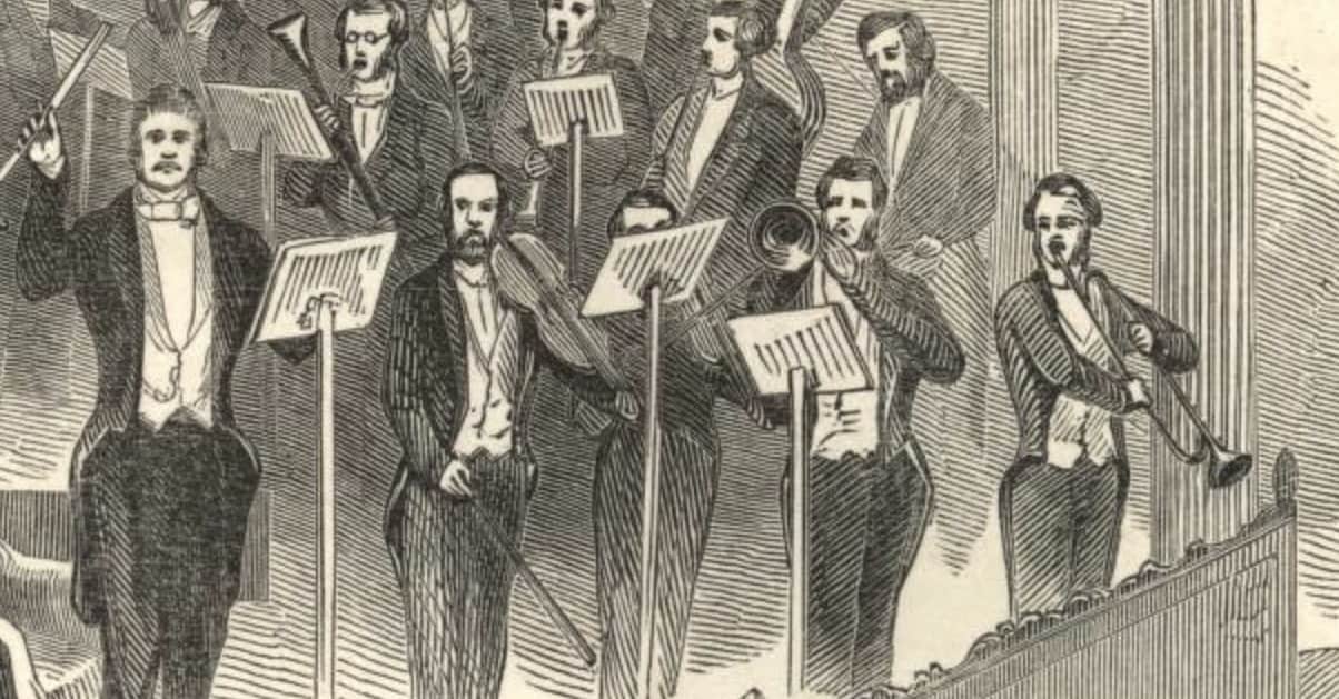John Winterbottom (left) with his leading instrumentalists, Edward Tucker (first violin), Henri Durant (cornet) and Frederick Sloper Evans (trumpet)