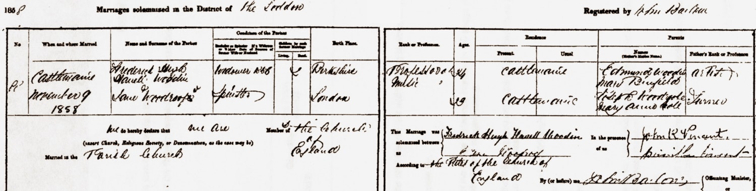 Frederick Hugh Havell Woodin, marriage, 9 November 1858; BDM VIC