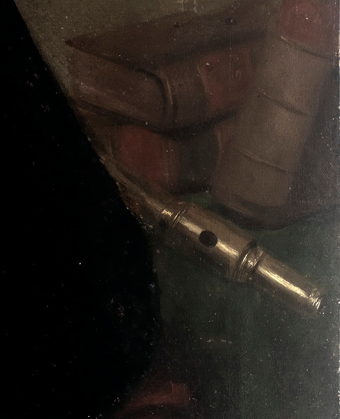 Gilbert Wright's golden flute; detail from portrait by James Anderson, 1859; State Library of New South Wales